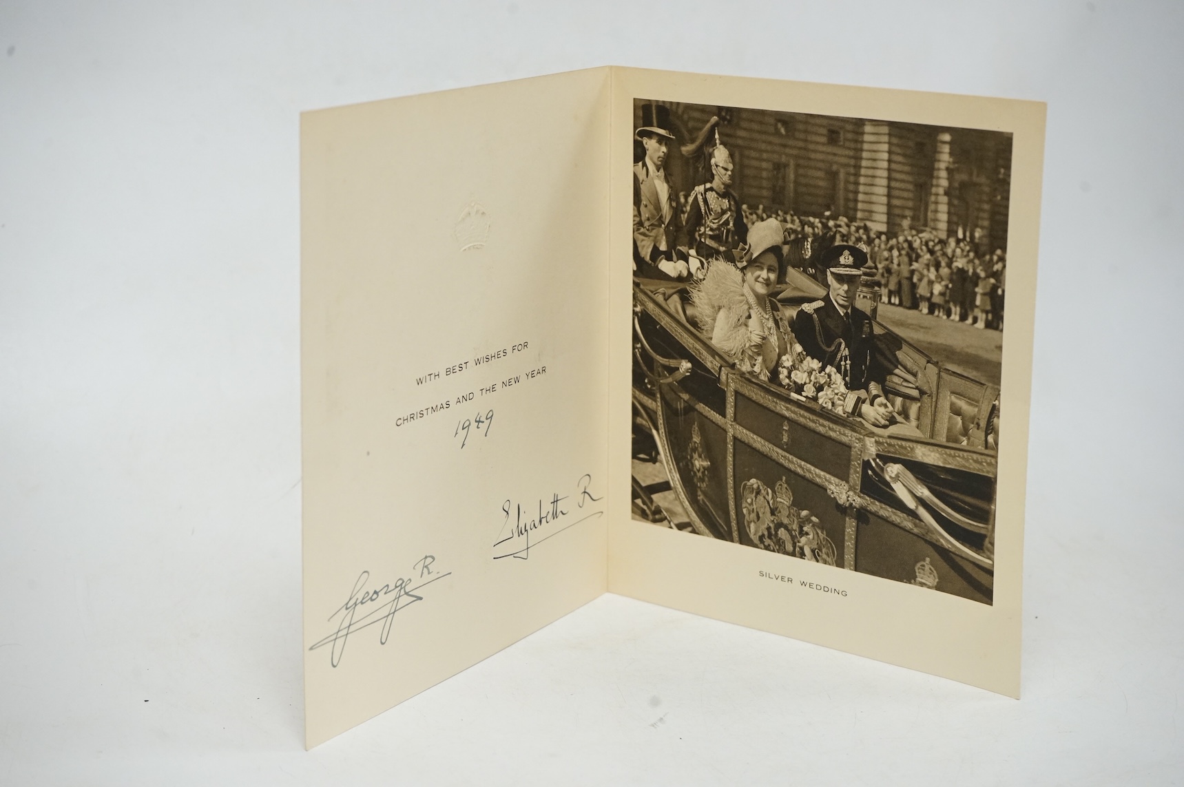 Three Royal Christmas cards from HM King George VI and Queen Elizabeth for 1948, 1949 and 1950, published by Raphael Tuck and Sons Ltd. with gilt embossed crowns on the front, inside; ‘with best wishes for Christmas and